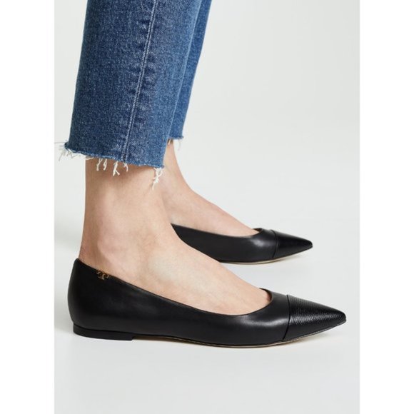 Tory Burch Penelope Embossed Cap-Toe Flats in Black - Picture 2 of 7